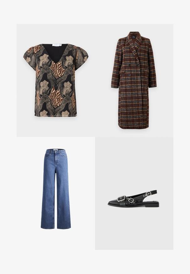 Hosszú, dupla soros barna kockás kabát, kapucnis gallérral, fekete gombokkal és hajtókás zsebekkel, fehér háttér előtt bemutatva.; Félhosszú ujjas blúz fekete alapszínnel, több színű absztrakt mintával arany, barna és bézs árnyalatokban. V-kivágás, puha tapintású anyagból készült.; Világoskék, széles szárú farmernadrág magas derékkal, két elülső zsebbel és látható varrással. Gombos és cipzáros záródás.; Fekete bőr slingback cipő, hegyes orral, két ezüst csattal és alacsony blokk sarkú. Texturált felsőrésszel és nyitott háttal rendelkezik.