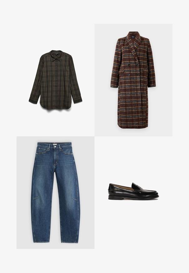 Długi brązowy płaszcz w kratę z podwójnym zapięciem, z klapami, czarnymi guzikami i kieszeniami z klapami, wyeksponowany na białym tle.; Koszula z długim rękawem w ciemnobrązowym materiale w kratkę, z zielonymi i żółtymi akcentami, zapinana na guziki, z kołnierzykiem w szpic.; Ciemnoniebieskie dżinsy o prostym kroju, z przednimi kieszeniami, kontrastowym szwem i delikatnie wyblakłą strukturą na nogawkach.; Czarne skórzane mokasyny z okrągłym noskiem, łatwe do zakładania, z subtelnymi przeszyciami wzdłuż cholewki. Płaska gumowa podeszwa.