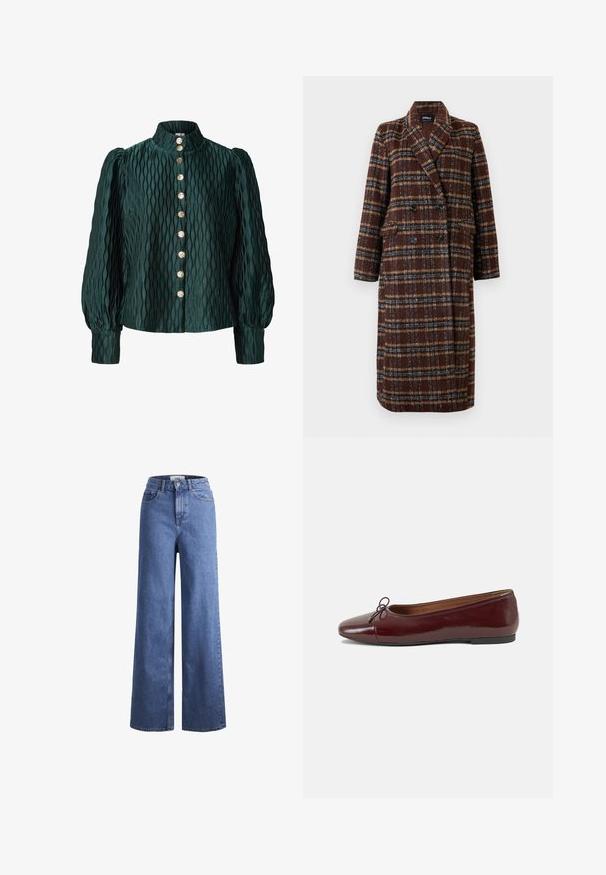 Casaco xadrez castanho de dupla face, com colarinho de lapela, botões pretos e bolsos de aba, exibido sobre um fundo branco.; Blusa texturada verde escura com mangas longas bufantes, gola alta e uma fila frontal de oito botões redondos dourados.; Jeans de ganga azul claro, de perna larga e cintura alta, com dois bolsos frontais e costuras visíveis. Apresenta um fecho de botão e zíper.; Bailarinas em couro sintético borgonha com bico redondo, pequeno laço na frente e sola baixa em borracha preta. Textura suave.