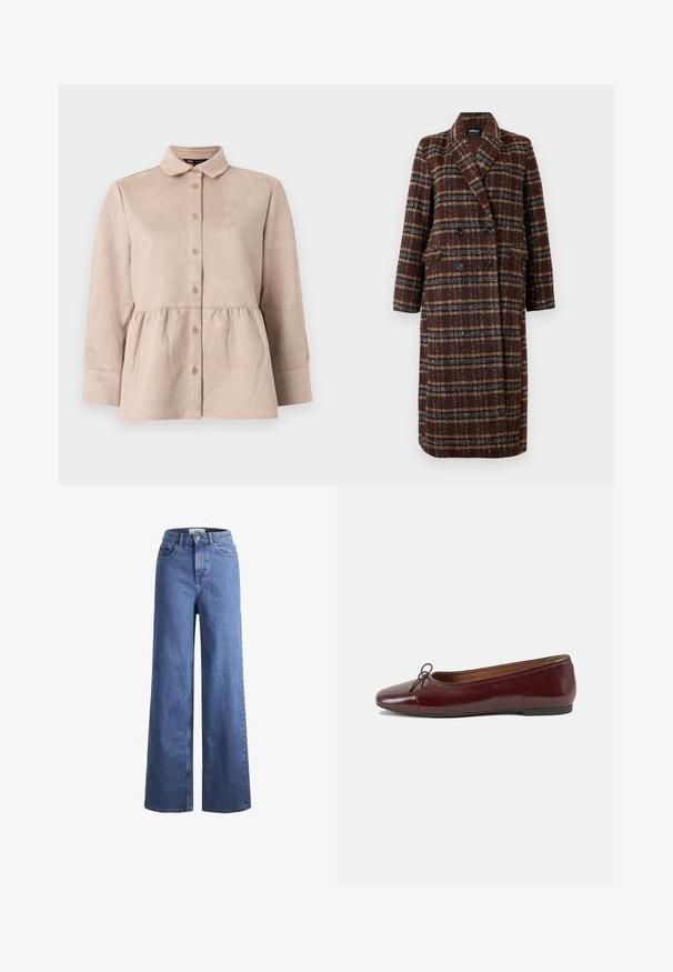 Long double-breasted brown plaid coat with lapel collar, black buttons, and flap pockets, displayed against a white background.; Beige suede shirt with a collared neck, button front, and peplum waist. Features long sleeves and smooth texture with small buttons.; Light blue denim wide-leg jeans with a high waist, two front pockets, and visible stitching. Features a button and zipper closure.; Burgundy patent leather ballet flat with a rounded toe, small bow accent at the front, and a low, black rubber sole. Smooth texture.