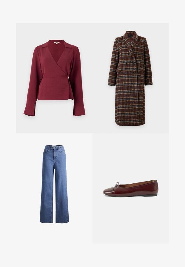 Dlhý hnedý károvaný kabát na dvojité zapínanie s klopovým golierom, čiernymi gombíkmi a vreckami s chlopňou, vystavený na bielom pozadí.; Burgundská blúzka s dlhými rukávmi, s výstrihom do V a s viazaním v páse, s textúrovanou tkaninou a rozšírenými rukávmi.; Svetlomodré deninové nohavice s širokými nohavicami a vysokým pásom, dve predné vrecká a viditeľné švy. Obsahuje tiež uzatváranie na gombík a zips.; Burgundské lakované balerínky s okrúhlou špičkou, malou mašľou na prednej strane a nízkou čiernou gumovou podrážkou. Hladký povrch.