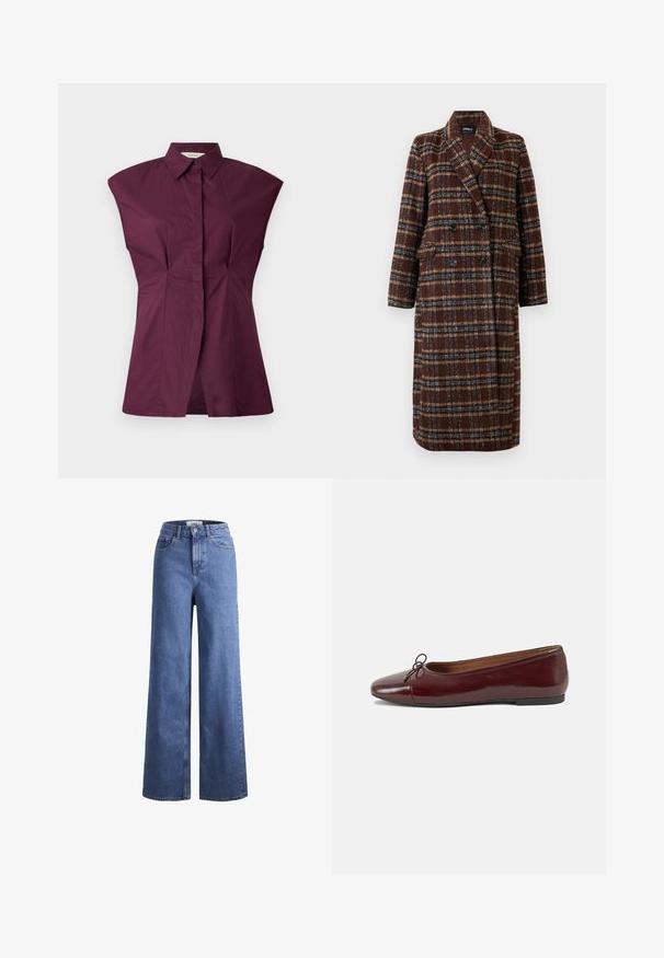 Langer brauner Karo-Doppelreiher-Mantel mit Reverskragen, schwarzen Knöpfen und Klappentaschen, vor einem weißen Hintergrund präsentiert.; Bordeauxfarbenes Hemd mit einzigartigem weit geschnittenen Schulterdesign, vorderen Falten und nahtlosem Finish, aus einem glatten Baumwollmischgewebe gefertigt.; Helleblaue Denim-Weite-Leg-Jeans mit hoher Taille, zwei vorderen Taschen und sichtbarer Naht. Mit Knopf- und Reißverschluss.; Burgunderfarbenes, lackiertes Ballettschuh mit abgerundetem Zehenbereich, kleiner Schleifenakzent vorne und einer niedrigen, schwarzen Gummisohle. Glatte Textur.