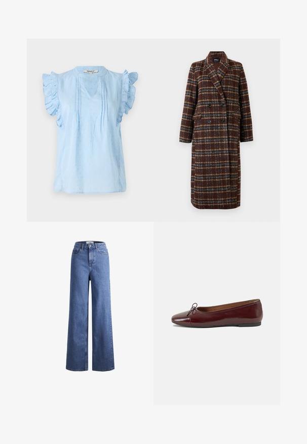 Manteau long en plaid marron à double boutonnage avec col à revers, boutons noirs et poches à rabat, présenté sur un fond blanc.; Blouse bleu clair avec des manches à volants, dotée d'un décolleté en V, d'un motif texturé et de détails de pintucks sur le devant. Confectionnée en tissu doux.; Jean large en denim bleu clair avec taille haute, deux poches avant et coutures visibles. Fermeture à bouton et à zip.; Ballerines en cuir verni bordeaux avec un bout rond, un petit nœud décoratif à l'avant et une semelle en caoutchouc noire basse. Texture lisse.