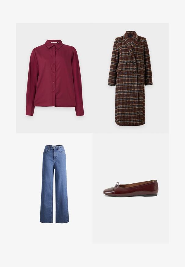 Long double-breasted brown plaid coat with lapel collar, black buttons, and flap pockets, displayed against a white background.; Burgundy long-sleeve shirt made of smooth fabric, with a button-up front and a classic collar. Features matching buttons and a relaxed fit.; Light blue denim wide-leg jeans with a high waist, two front pockets, and visible stitching. Features a button and zipper closure.; Burgundy patent leather ballet flat with a rounded toe, small bow accent at the front, and a low, black rubber sole. Smooth texture.