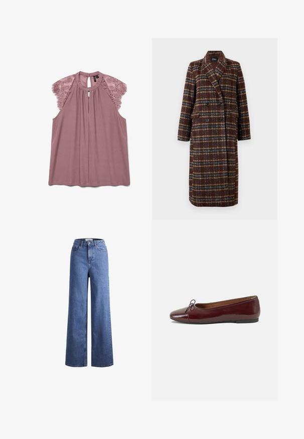 Lang, dobbeltradet brun plaidfrakke med reverskrave, sorte knapper og klaplommer, præsenteret mod en hvid baggrund.; Lilla bluse med blonde skulderdetaljer, rund halsudskæring og nøglehulåbning bagpå. Fremstillet af blødt, glat stof med en afslappet pasform.; Lyseblå denim brede bukser med høj talje, to frontlommer og synlige stikninger. Har en knap- og lynlåslukning.; Bordeaux patentlæder balletflad med rund tå, lille sløjfeaccent foran og en lav, sort gummisål. Glat tekstur.