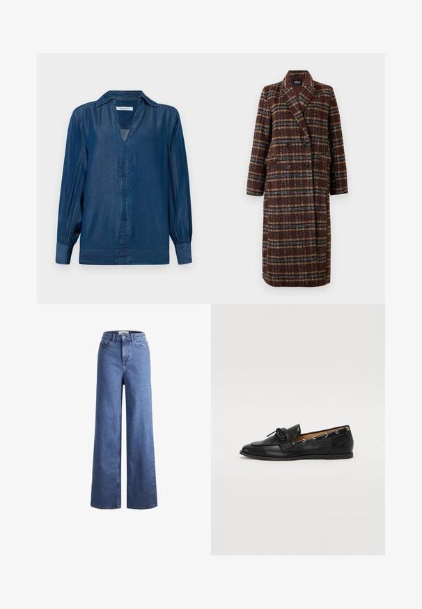 Ilgas dvigubas rudas langeliais paltas su apykakle, juodais mygtukais ir kišenėmis su atvartais, eksponuojamas ant balto fono.; Denim marškiniai, pasižymintys tamsiai mėlyna spalva, ilgomis balioninėmis rankovėmis, apykakle ir V formos iškirpte be mygtukų. Minkšta, glotni tekstūra.; Šviesiai mėlynos džinsinės kelnės plačiu sijonu ir aukštu liemeniu, su dviem priekinių kišenių ir matomu siuvimu. Su mygtuko ir užtrauktuko uždarymu.; Juodi odiniai loafai su surišta mazgeliu, su auksinėmis akytėmis šoninėse dalyse ir plokščiu guminiu padu. Lygus paviršius, klasikinis dizainas.