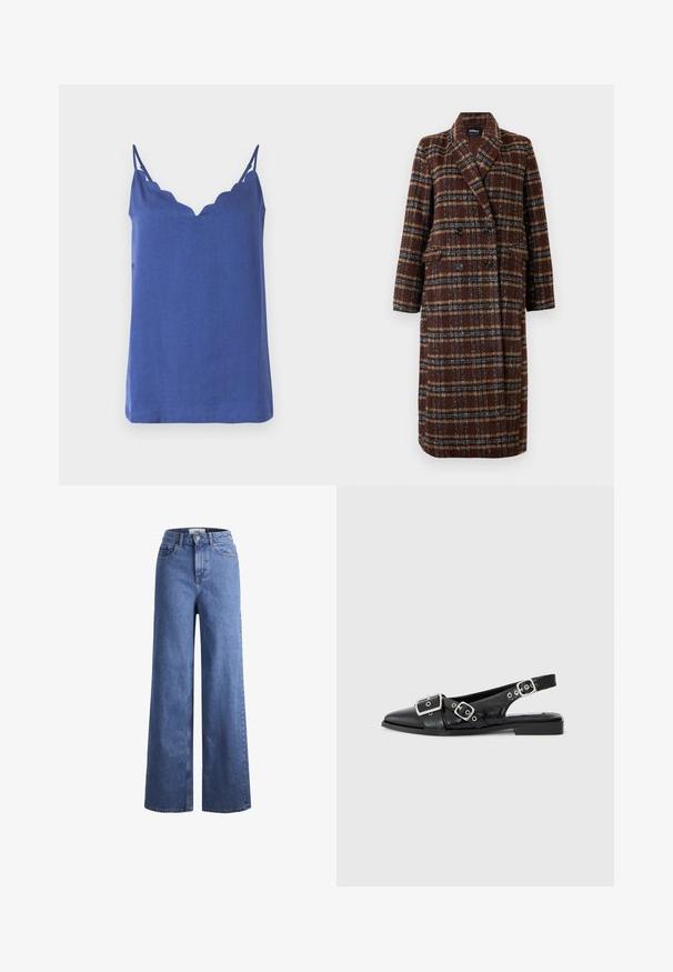 Cappotto lungo doppiopetto a quadri marrone con colletto a bavero, bottoni neri e tasche a soffietto, esposto su uno sfondo bianco.; Top blu con maniche a canotta e scollatura ondulata, realizzato in tessuto leggero, con spalline sottili e vestibilità rilassata.; Jeans ampia in denim azzurro chiaro con vita alta, due tasche anteriori e cuciture in vista. Presentano una chiusura con bottone e zip.; Scarpa slingback in pelle nera con punta appuntita, due fibbie argentate e tacco basso a blocco. Presenta una tomaia testurizzata e un retro aperto.