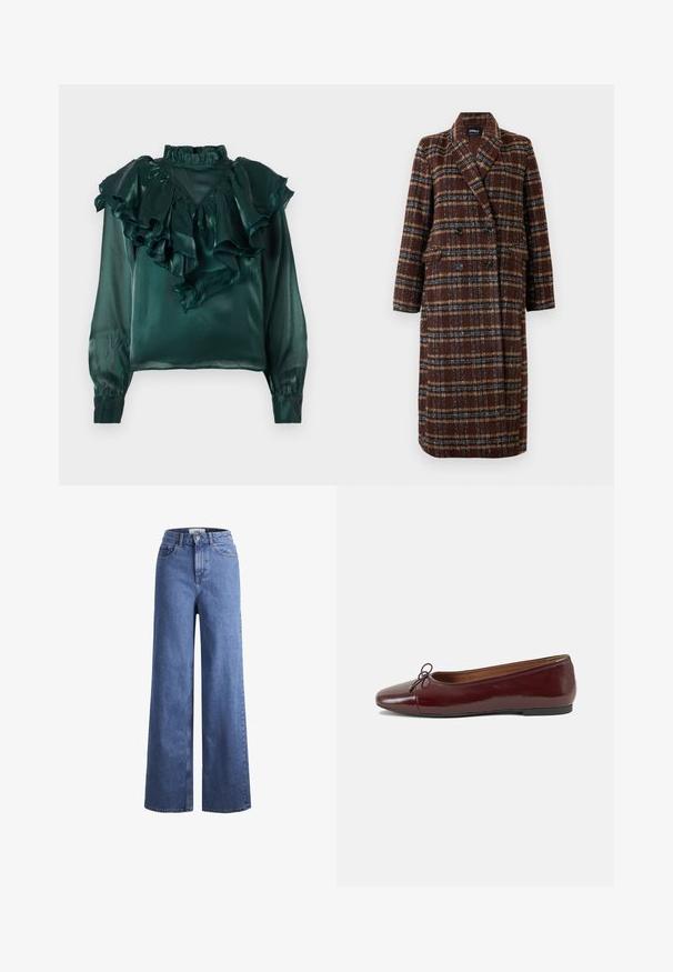 Ilgas dvigubas rudas langeliais paltas su apykakle, juodais mygtukais ir kišenėmis su atvartais, eksponuojamas ant balto fono.; Turkio satino marškiniai su raukšlėtu apykakliniu ir rankovėmis. Pasižymi aukšta apykakle ir siaurėjančiais rankogaliais, pabrėžiantys lygią, blizgią tekstūrą.; Šviesiai mėlynos džinsinės kelnės plačiu sijonu ir aukštu liemeniu, su dviem priekinių kišenių ir matomu siuvimu. Su mygtuko ir užtrauktuko uždarymu.; Bordo lakiotos odos baleto bateliai su apvalia nosimi, maža kaspinėlio akcentu priekyje ir žema juoda guma padanga. Lygi tekstūra.