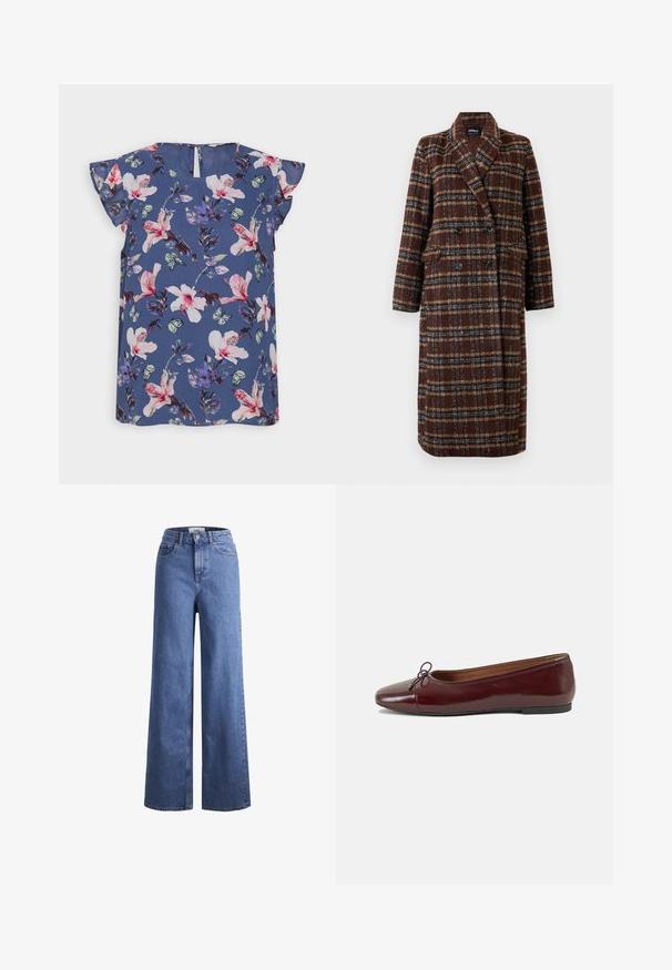 Gara divrindas brūna raibā mētelis ar atloku apkakli, melniem pogām un kabatām ar vāciņu, izstādīta pret baltu fona.; Zila ziedu blūze ar īsām viļņotām piedurknēm, kurā ir rozā un baltas puķes, zaļi lapas un mazi tauriņi uz viegla auduma.; Gai zili džinsi ar platu kāju un augstu jostu, divas priekšējās kabatas un redzamu šuvju. Iekļauj pogas un rāvējslēdzēja aizdari.; Burgundijas laku ādas baleta kurpes ar noapaļotu purngalu, nelielu loku akcentu priekšā un zemu melnu gumijas zoli. Gluda tekstūra.