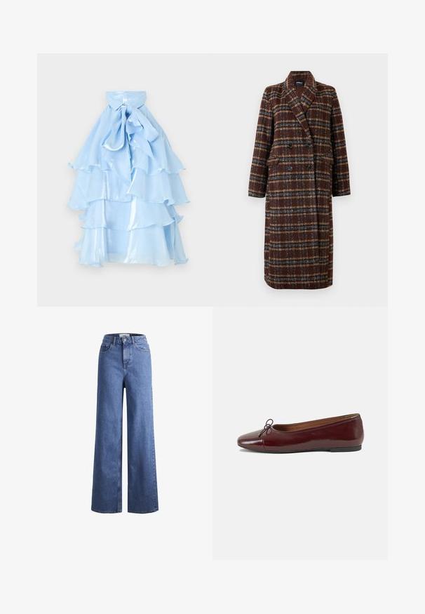 Long double-breasted brown plaid coat with lapel collar, black buttons, and flap pockets, displayed against a white background.; Light blue layered dress with ruffled hem. Made of shiny fabric, features a collar and a bow detail at the neck, creating a flowing silhouette.; Light blue denim wide-leg jeans with a high waist, two front pockets, and visible stitching. Features a button and zipper closure.; Burgundy patent leather ballet flat with a rounded toe, small bow accent at the front, and a low, black rubber sole. Smooth texture.