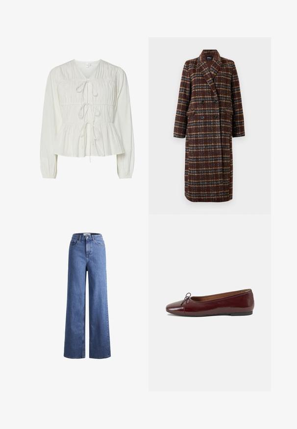 Long double-breasted brown plaid coat with lapel collar, black buttons, and flap pockets, displayed against a white background.; White long-sleeve blouse with three front tie closures, gathered fabric details, elastic cuffs, and a peplum-style hem.; Light blue denim wide-leg jeans with a high waist, two front pockets, and visible stitching. Features a button and zipper closure.; Burgundy patent leather ballet flat with a rounded toe, small bow accent at the front, and a low, black rubber sole. Smooth texture.