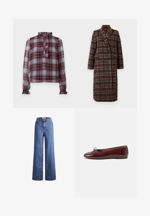 Casaco xadrez castanho de dupla face, com colarinho de lapela, botões pretos e bolsos de aba, exibido sobre um fundo branco.; Blusa de manga longa em xadrez burgundy e azul claro, com gola alta franzida, abertura frontal com botões e punhos franzidos.; Jeans de ganga azul claro, de perna larga e cintura alta, com dois bolsos frontais e costuras visíveis. Apresenta um fecho de botão e zíper.; Bailarinas em couro sintético borgonha com bico redondo, pequeno laço na frente e sola baixa em borracha preta. Textura suave.