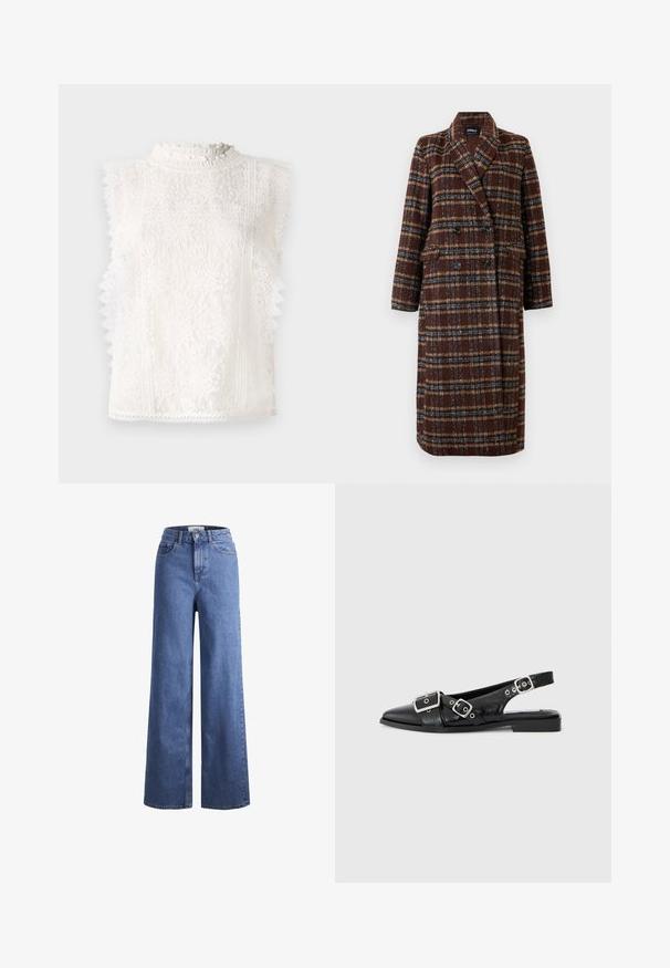 Lange dubbelhuls bruine geruite jas met revers, zwarte knopen en klepzakken, tentoongesteld tegen een witte achtergrond.; Witte kanten mouwloze top met een hoge ruches kraag, bloemenpatronen en gegolfde randen voor extra textuur en detail.; Lichtblauwe denim wijde jeans met een hoge taille, twee voorzakken en zichtbare stiksels. Voorzien van een knoop- en ritssluiting.; Zwart leren slingback schoen met een spitse neus, twee zilveren gespen en een lage blokhak. Bevat een gemêleerde bovenkant en een open achterkant.