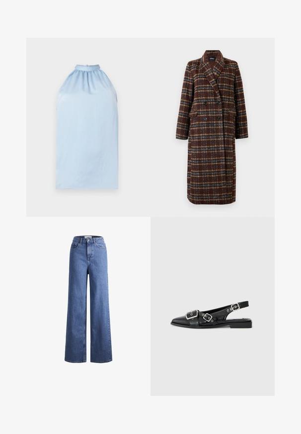 Casaco xadrez castanho de dupla face, com colarinho de lapela, botões pretos e bolsos de aba, exibido sobre um fundo branco.; Top halter azul claro com decote franzido e tecido fluido; textura suave e design simples, sem mangas.; Jeans de ganga azul claro, de perna larga e cintura alta, com dois bolsos frontais e costuras visíveis. Apresenta um fecho de botão e zíper.; Sapato slingback preto em couro com bico pontiagudo, duas fivelas prateadas e um salto baixo em bloco. Apresenta um cabedal texturizado e parte de trás aberta.