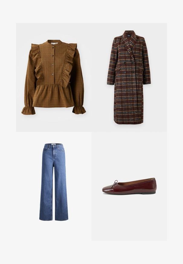 Long double-breasted brown plaid coat with lapel collar, black buttons, and flap pockets, displayed against a white background.; Brown plaid blouse with ruffle accents along shoulders and front. Full sleeves and gathered hem create a textured, layered appearance.; Light blue denim wide-leg jeans with a high waist, two front pockets, and visible stitching. Features a button and zipper closure.; Burgundy patent leather ballet flat with a rounded toe, small bow accent at the front, and a low, black rubber sole. Smooth texture.