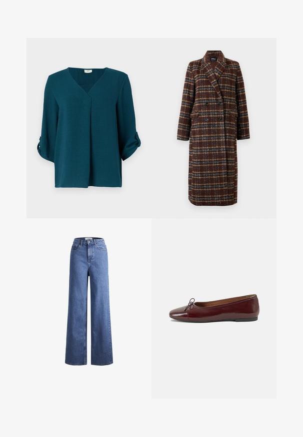 Casaco xadrez castanho de dupla face, com colarinho de lapela, botões pretos e bolsos de aba, exibido sobre um fundo branco.; Blusa verde-água com decote em V, mangas três quartos e punhos abotoados. Feita de tecido texturizado com um corte solto e detalhe de pregas na frente.; Jeans de ganga azul claro, de perna larga e cintura alta, com dois bolsos frontais e costuras visíveis. Apresenta um fecho de botão e zíper.; Bailarinas em couro sintético borgonha com bico redondo, pequeno laço na frente e sola baixa em borracha preta. Textura suave.