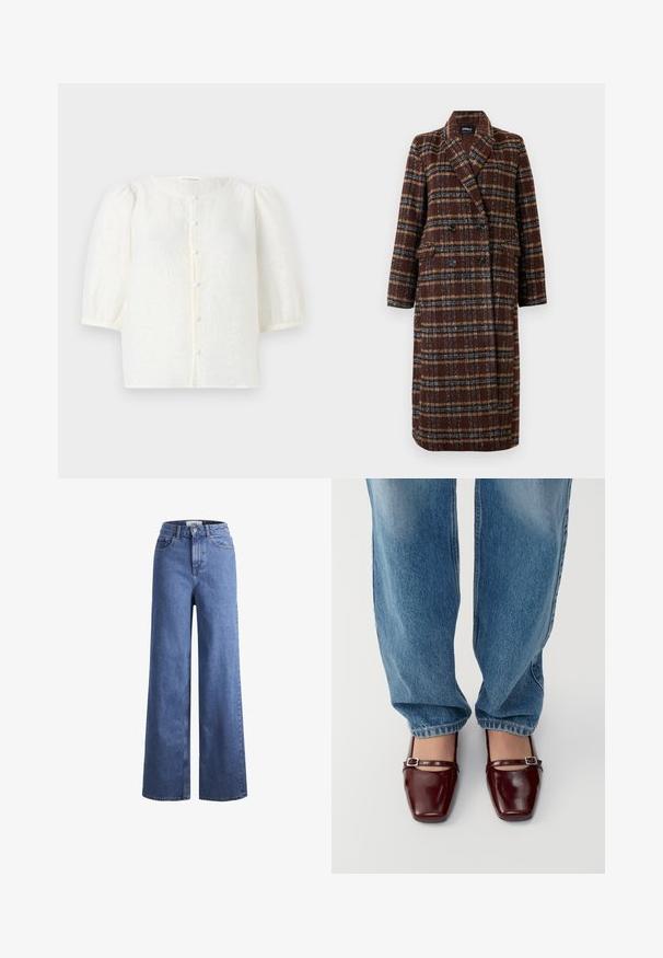 Duga dvoslojna smeđa kaput s kariranim uzorkom, s reverima, crnim gumbima i džepovima s preklopom, prikazana na bijeloj pozadini.; Bjela bluza od teksturirane tkanine, s okruglim dekolteom i kratkim puff rukavima. Ima prednje zatvaranje na gumbe s malim, okruglim gumbima.; Svijetloplavi traper široki traperice s visokim strukom, dva prednja džepa i vidljivim šavovima. Imaju kopčanje na gumb i patentni zatvarač.; Burgundske lakirane cipele sa četvrtastim vrhom i remenom oko gležnja, uparene s svijetloplavim širokim trapericama. Cipele imaju sjajnu završnu obradu.