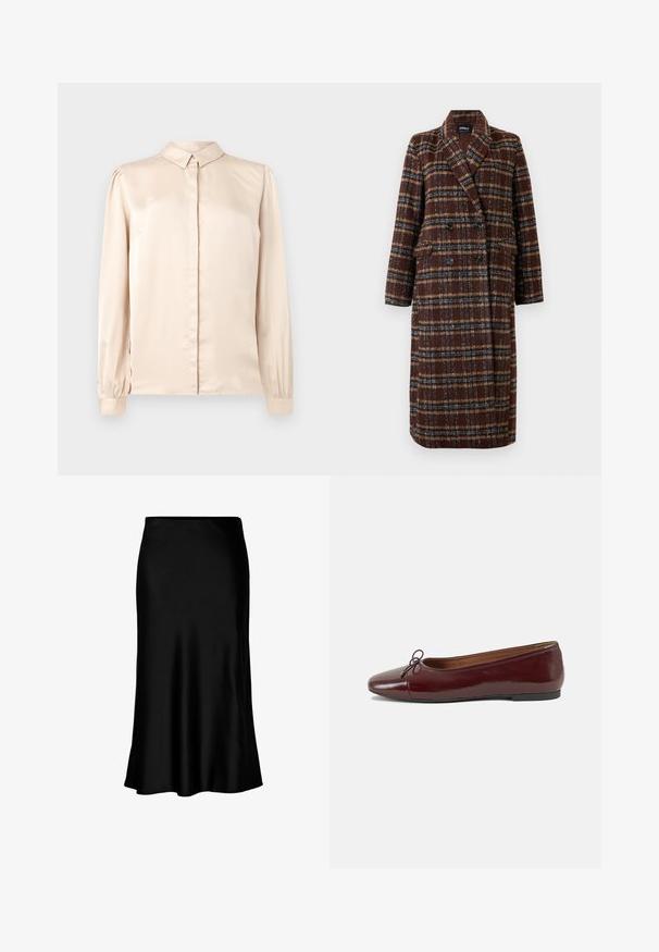 Long double-breasted brown plaid coat with lapel collar, black buttons, and flap pockets, displayed against a white background.; Beige satin long-sleeve shirt with button-down collar, front placket, and gathered puff sleeves at the cuffs. Smooth, glossy texture.; Black satin midi skirt with a smooth texture, flared hem, and a fitted waistband, featuring a simple, classic design.; Burgundy patent leather ballet flat with a rounded toe, small bow accent at the front, and a low, black rubber sole. Smooth texture.
