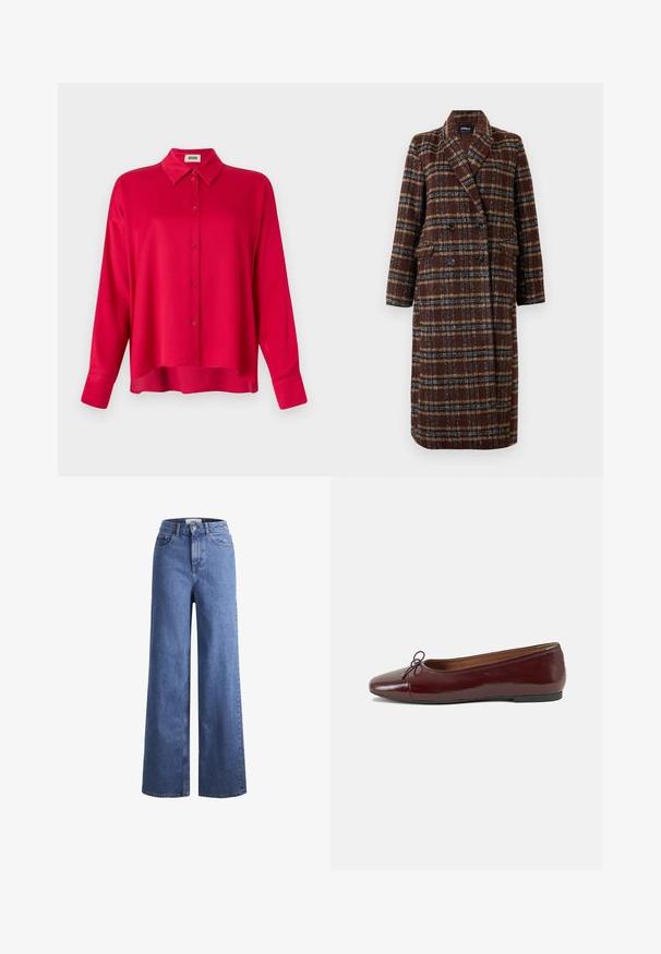 Długi brązowy płaszcz w kratę z podwójnym zapięciem, z klapami, czarnymi guzikami i kieszeniami z klapami, wyeksponowany na białym tle.; Czerwona koszula zapinana na guziki z kołnierzykiem, długimi rękawami i luźnym krojem. Gładka tekstura, brak widocznych wzorów lub akcentów.; Jasnoniebieskie dżinsy o szerokich nogawkach i wysokim stanie, z dwoma przednimi kieszeniami i widocznym przeszyciem. Posiadają zamek błyskawiczny i zapięcie na guzik.; Bordowe baleriny z lakierowanej skóry z zaokrąglonym noskiem, małą kokardką z przodu oraz niską, czarną gumową podeszwą. Gładka tekstura.