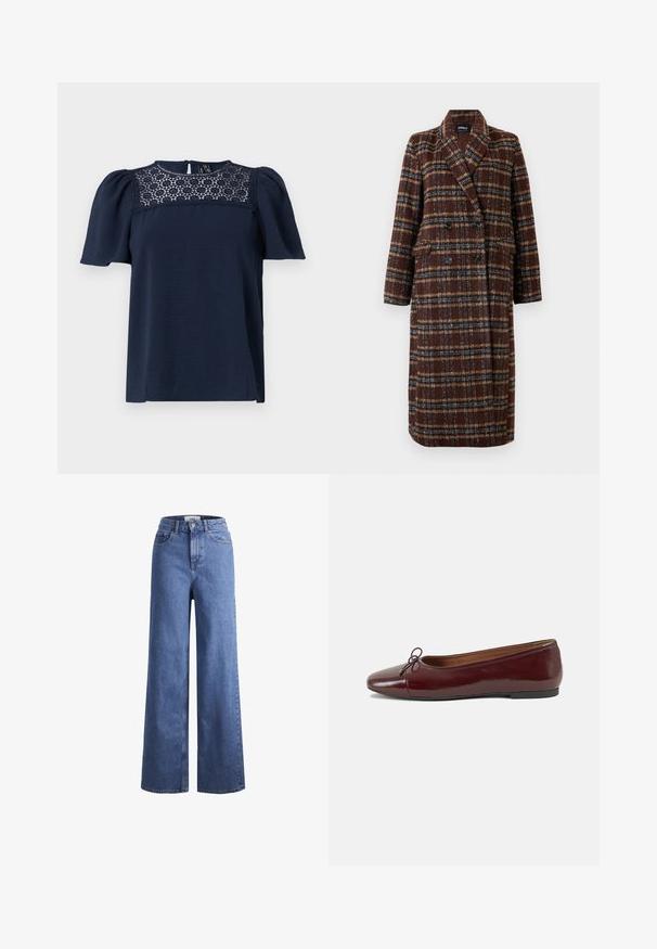 Palton lung, dublu-botonat, din material cu carouri maro, cu guler tip rever, nasturi negri și buzunare cu clapă, expus pe un fundal alb.; Bluză bleu închis, cu mâneci scurte, cu un corp texturat și un panou de dantelă la guler. Închidere cu nasturi la spate, cu mâneci ușor bufante.; Jeans din denim de culoare albastră deschisă, cu croială largă și talie înaltă, prevăzuți cu două buzunare frontale și cusături vizibile. Au închidere cu nasture și fermoar.; Balerini din piele patent burgund cu vârful rotund, accent de fundiță mică în față și talpă joasă din cauciuc negru. Textură netedă.
