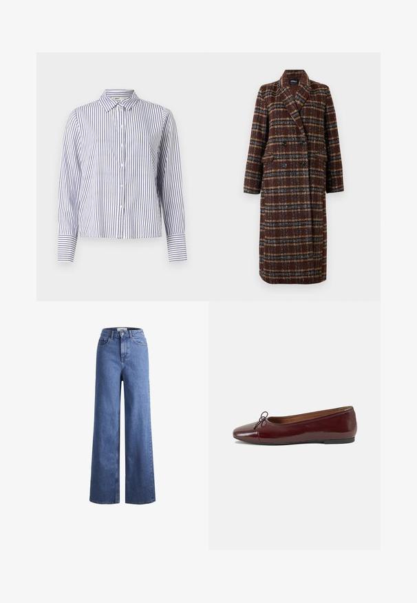 Duga dvoslojna smeđa kaput s kariranim uzorkom, s reverima, crnim gumbima i džepovima s preklopom, prikazana na bijeloj pozadini.; Prugasta košulja s kragnom, koja sadržava uske plave i bijele vertikalne pruge, dugačke rukave s detaljima na manžetama i skraćeni dizajn.; Svijetloplavi traper široki traperice s visokim strukom, dva prednja džepa i vidljivim šavovima. Imaju kopčanje na gumb i patentni zatvarač.; Burgundska lakirana balerinka s zaobljenim vrhom, malim mašnom sprijeda i niskom, crnom gumenom potplatu. Glatka tekstura.