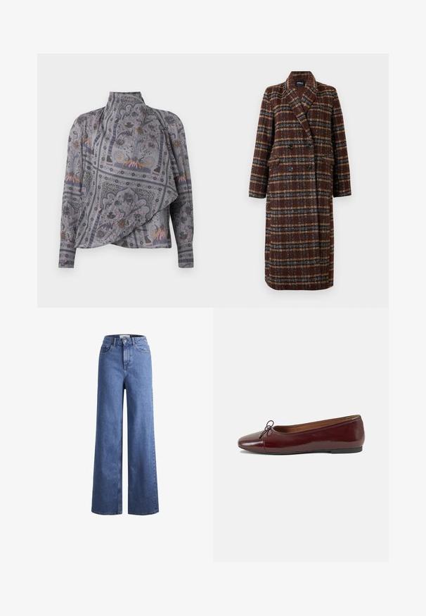 Long double-breasted brown plaid coat with lapel collar, black buttons, and flap pockets, displayed against a white background.; Gray patterned long-sleeve blouse with a high collar. Features intricate floral and animal designs with draped texture and flowing silhouette.; Light blue denim wide-leg jeans with a high waist, two front pockets, and visible stitching. Features a button and zipper closure.; Burgundy patent leather ballet flat with a rounded toe, small bow accent at the front, and a low, black rubber sole. Smooth texture.