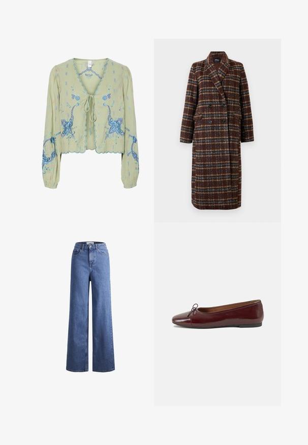Cappotto lungo doppiopetto a quadri marrone con colletto a bavero, bottoni neri e tasche a soffietto, esposto su uno sfondo bianco.; Blusa corta verde chiaro con maniche lunghe, ricamo floreale blu, bordi scallop e chiusura con laccio anteriore.; Jeans ampia in denim azzurro chiaro con vita alta, due tasche anteriori e cuciture in vista. Presentano una chiusura con bottone e zip.; Ballerine in pelle verniciata bordeaux con punta arrotondata, piccolo fiocco decorativo sulla parte anteriore e suola bassa in gomma nera. Texture liscia.