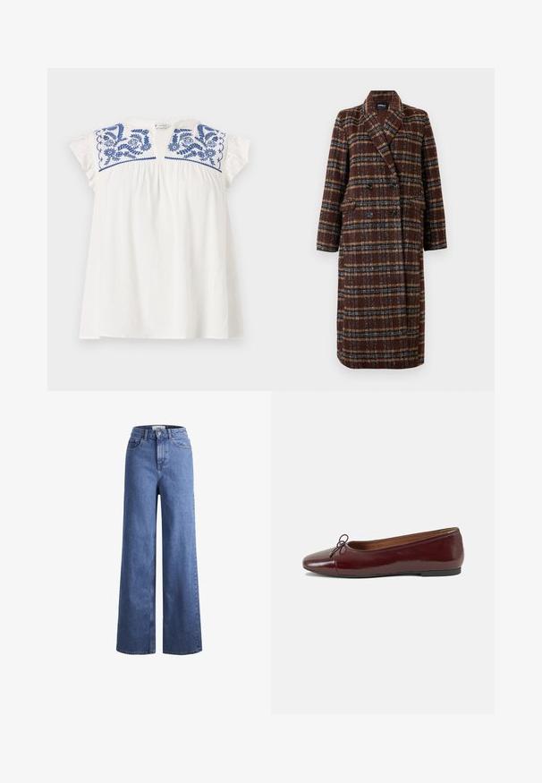 Dlhý hnedý károvaný kabát na dvojité zapínanie s klopovým golierom, čiernymi gombíkmi a vreckami s chlopňou, vystavený na bielom pozadí.; Biela blúzka s krátkym rukávom a modrou kvetinovou výšivkou na leme, s volánovými rukávmi a skladmi pre väčší objem. Pohodlný, ľahký materiál.; Svetlomodré deninové nohavice s širokými nohavicami a vysokým pásom, dve predné vrecká a viditeľné švy. Obsahuje tiež uzatváranie na gombík a zips.; Burgundské lakované balerínky s okrúhlou špičkou, malou mašľou na prednej strane a nízkou čiernou gumovou podrážkou. Hladký povrch.
