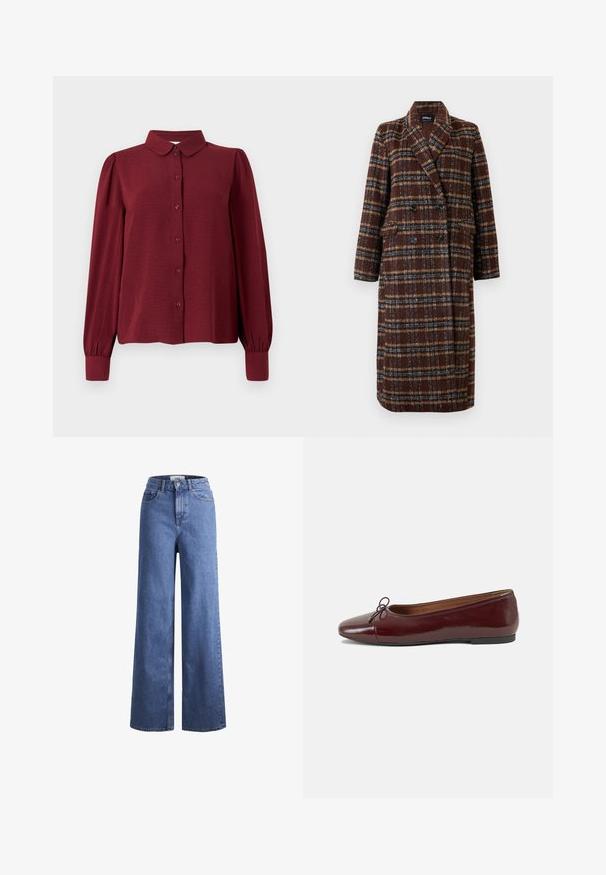 Dolg plašč z dvojnim zapenjanjem v rjavem karirastem vzorcu z rever ovratnikom, črnimi gumbi in žepi s poklopcem, prikazan na belem ozadju.; Burgundska bluza s ovratnikom, sprednjim zapenjanjem na gumbe in dolgimi nabranimi rokavi. Narejena iz teksturiranega materiala z oprijetimi manšetami.; Svijetloplave traper hlače širokih nogavica s visokim strukom, s dva prednja džepa i vidljivim šavovima. Ima kopčanje na gumb i zatvarač.; Burgundska patenti usnjeni baletni čevlji z zaobljenim prstom, majhnim lokom na sprednji strani in nizkim črnim gumijastim podplatom. Gladka tekstura.