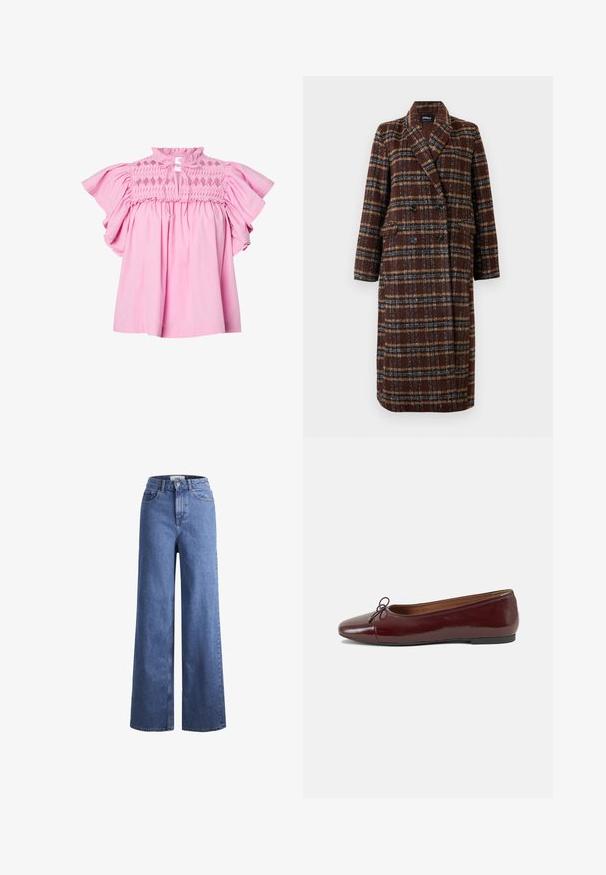 Hosszú, dupla soros barna kockás kabát, kapucnis gallérral, fekete gombokkal és hajtókás zsebekkel, fehér háttér előtt bemutatva.; Rózsaszín blúz rövid, fodros ujjakkal, gyémántmintás, smockolt felsőrész és egy kis elől lévő kulcslyuk, amit szövetzsinórral kötöttek meg.; Világoskék, széles szárú farmernadrág magas derékkal, két elülső zsebbel és látható varrással. Gombos és cipzáros záródás.; Burgundi lakkbőr balettcipő kerek orral, elöl kis masni díszítéssel és alacsony, fekete gumi talppal. Simára csiszolt felület.