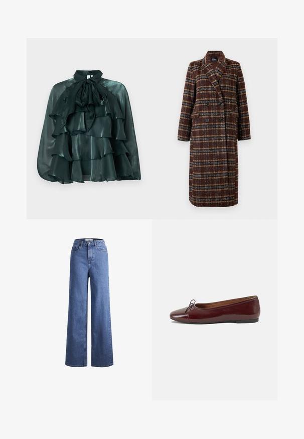 Dlouhý hnědý kostkovaný kabát na dvouřadé zapínání s klopovým límcem, černými knoflíky a kapsami s klopou, vystavený na bílém pozadí.; Tmavě zelená saténová blůza s vysokým límcem a velkou mašlí, s vícevrstvými volány na přední straně. Hladká textura a lesklý povrch.; Svetle modré denimové široké kalhoty s vysokým pasem, dvěma předními kapsami a viditelným švem. Obsahují knoflíkový a zipový uzávěr.; Burgundské lakové baleríny s kulatou špičkou, malou mašlí vpředu a nízkou černou gumovou podrážkou. Hladký povrch.