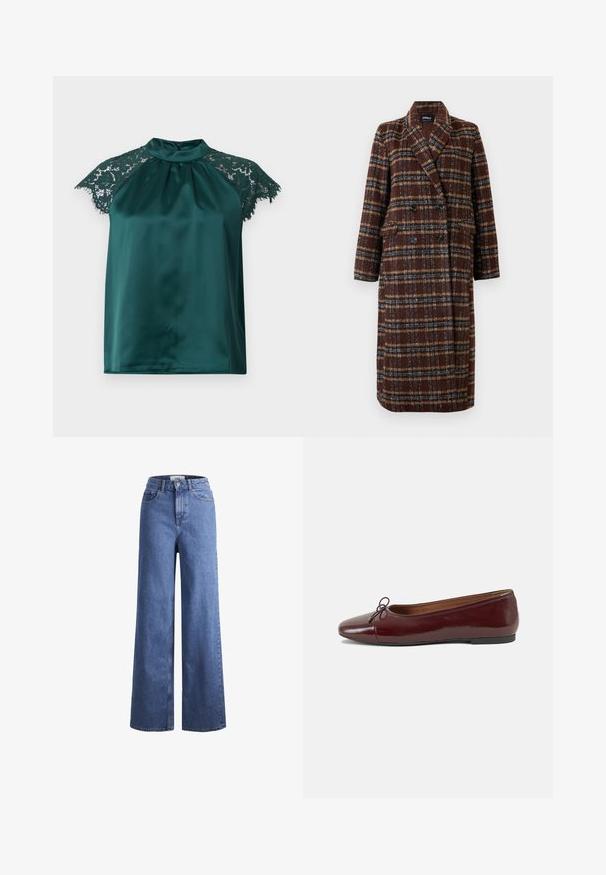 Cappotto lungo doppiopetto a quadri marrone con colletto a bavero, bottoni neri e tasche a soffietto, esposto su uno sfondo bianco.; Blusa verde in satin con colletto a camicia, caratterizzata da maniche a cappuccio in pizzo e una parte frontale plissettata. Texture liscia con dettagli in pizzo.; Jeans ampia in denim azzurro chiaro con vita alta, due tasche anteriori e cuciture in vista. Presentano una chiusura con bottone e zip.; Ballerine in pelle verniciata bordeaux con punta arrotondata, piccolo fiocco decorativo sulla parte anteriore e suola bassa in gomma nera. Texture liscia.