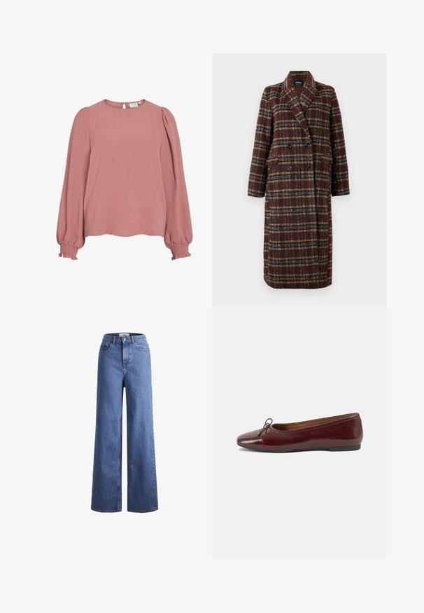 Cappotto lungo doppiopetto a quadri marrone con colletto a bavero, bottoni neri e tasche a soffietto, esposto su uno sfondo bianco.; Maglietta a maniche lunghe rosa antico realizzata in tessuto testurizzato. Presenta un collo rotondo, maniche a sbuffo arricciate e polsini smock. Chiusura con bottoni sul retro.; Jeans ampia in denim azzurro chiaro con vita alta, due tasche anteriori e cuciture in vista. Presentano una chiusura con bottone e zip.; Ballerine in pelle verniciata bordeaux con punta arrotondata, piccolo fiocco decorativo sulla parte anteriore e suola bassa in gomma nera. Texture liscia.