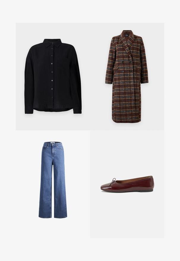 Dlouhý hnědý kostkovaný kabát na dvouřadé zapínání s klopovým límcem, černými knoflíky a kapsami s klopou, vystavený na bílém pozadí.; Černá dlouhá košile s dlouhým rukávem vyrobená z lehkého materiálu, s špičatým límcem, zapínáním na knoflíky, jednou náprsní kapsou a volným střihem.; Svetle modré denimové široké kalhoty s vysokým pasem, dvěma předními kapsami a viditelným švem. Obsahují knoflíkový a zipový uzávěr.; Burgundské lakové baleríny s kulatou špičkou, malou mašlí vpředu a nízkou černou gumovou podrážkou. Hladký povrch.