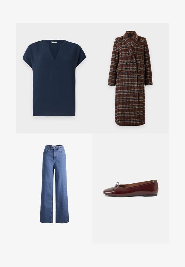 Dlhý hnedý károvaný kabát na dvojité zapínanie s klopovým golierom, čiernymi gombíkmi a vreckami s chlopňou, vystavený na bielom pozadí.; Námornícky modrý top s krátkym rukávom a výstrihom do V, vyrobený z ľahkého materiálu. Má voľný strih a jemný pad.; Svetlomodré deninové nohavice s širokými nohavicami a vysokým pásom, dve predné vrecká a viditeľné švy. Obsahuje tiež uzatváranie na gombík a zips.; Burgundské lakované balerínky s okrúhlou špičkou, malou mašľou na prednej strane a nízkou čiernou gumovou podrážkou. Hladký povrch.