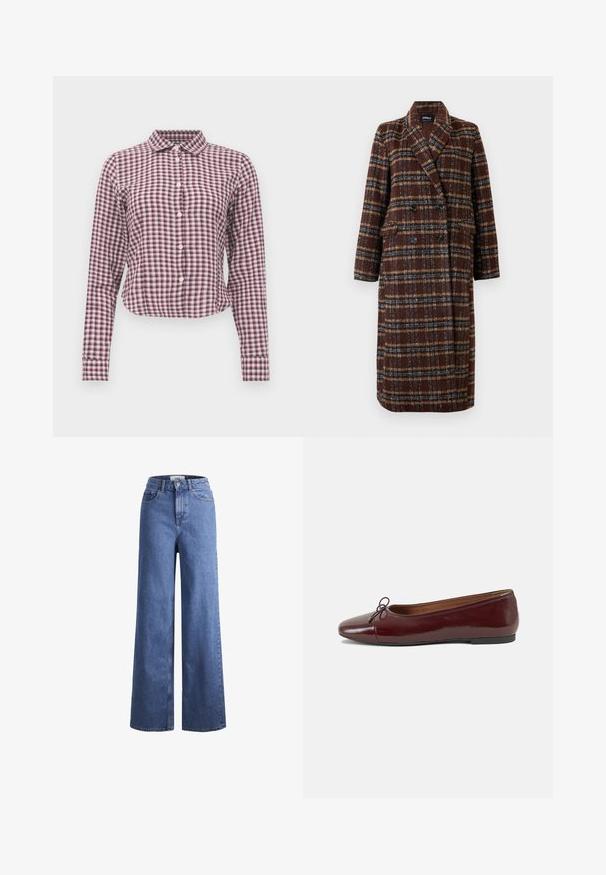 Pikk topeltkinnitatud pruuni ruudulise mustriga mantel, millel on krae, mustad nupud ja klapptaskud, esitatud valge tausta ees.; Pikkade varrukatega nupuga särk roosa ja lilla ruudulise mustriga. Omab kaelust, kõverat äärt ja pehmet kangast tekstuuri.; Heled sinise denimist laiad jalad, kõrgema talje ja kahe eesmise taskuga, nähtavate õmblustega. Omab nuppu ja luku sulgemist.; Burgundi patendnahk kingad balletitüüpi, ümmarguse ninaosa, ees väike paelaaktsent ja madal must kummist tald. Sile tekstuur.