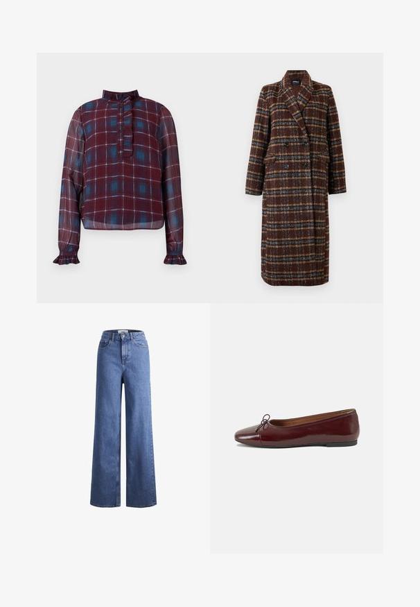 Abrigo de cuadro marrón de doble botonadura largo con cuello de solapa, botones negros y bolsillos con solapa, exhibido contra un fondo blanco.; Blusa de cuadros burdeos y azul de manga larga con cuello alto con volantes, tapeta de botones y puños con volantes.; Jeans de mezclilla de tiro alto, de pierna ancha, en azul claro, con dos bolsillos delanteros y costuras visibles. Cuentan con un cierre de botón y cremallera.; Bailarina de charol burdeos con punta redonda, pequeño lazo en la parte frontal y una suela baja de goma negra. Textura suave.