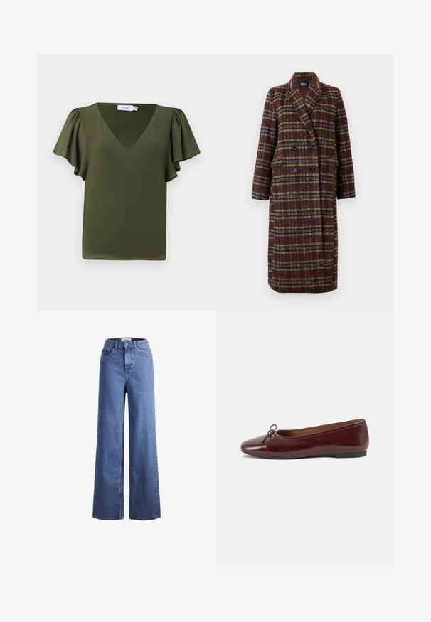 Duga dvoslojna smeđa kaput s kariranim uzorkom, s reverima, crnim gumbima i džepovima s preklopom, prikazana na bijeloj pozadini.; Olive zelena majica kratkih rukava s V-izrezom, s mekim, naboranim rukavima i glatkim, laganim materijalom. Bez vidljivih uzoraka ili detalja.; Svijetloplavi traper široki traperice s visokim strukom, dva prednja džepa i vidljivim šavovima. Imaju kopčanje na gumb i patentni zatvarač.; Burgundska lakirana balerinka s zaobljenim vrhom, malim mašnom sprijeda i niskom, crnom gumenom potplatu. Glatka tekstura.