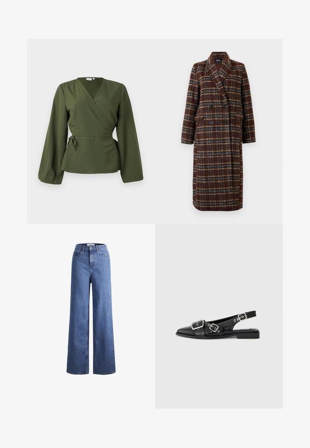 Cappotto lungo doppiopetto a quadri marrone con colletto a bavero, bottoni neri e tasche a soffietto, esposto su uno sfondo bianco.; Blusa avvolgente verde oliva con maniche lunghe e un fiocco laterale in vita, presentata su uno sfondo bianco semplice.; Jeans ampia in denim azzurro chiaro con vita alta, due tasche anteriori e cuciture in vista. Presentano una chiusura con bottone e zip.; Scarpa slingback in pelle nera con punta appuntita, due fibbie argentate e tacco basso a blocco. Presenta una tomaia testurizzata e un retro aperto.