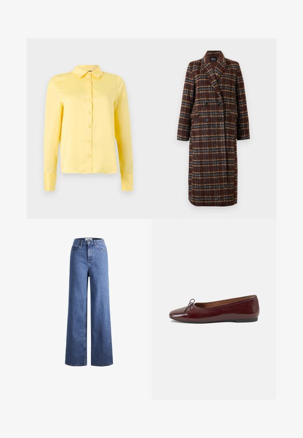 Langer brauner Karo-Doppelreiher-Mantel mit Reverskragen, schwarzen Knöpfen und Klappentaschen, vor einem weißen Hintergrund präsentiert.; Gelbe Bluse mit langen Ärmeln und Kragen, durchgehender Knopfverschluss und glatter Textur. Einfaches Design ohne Muster oder Akzente.; Helleblaue Denim-Weite-Leg-Jeans mit hoher Taille, zwei vorderen Taschen und sichtbarer Naht. Mit Knopf- und Reißverschluss.; Burgunderfarbenes, lackiertes Ballettschuh mit abgerundetem Zehenbereich, kleiner Schleifenakzent vorne und einer niedrigen, schwarzen Gummisohle. Glatte Textur.