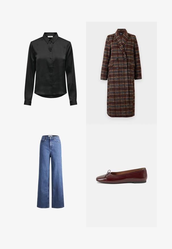 Lang, dobbeltradet brun plaidfrakke med reverskrave, sorte knapper og klaplommer, præsenteret mod en hvid baggrund.; Sort satin langærmet skjorte med knaplukning fortil, en klassisk krave og en buet kant. Har en subtil glans og tætsiddende ærmer.; Lyseblå denim brede bukser med høj talje, to frontlommer og synlige stikninger. Har en knap- og lynlåslukning.; Bordeaux patentlæder balletflad med rund tå, lille sløjfeaccent foran og en lav, sort gummisål. Glat tekstur.