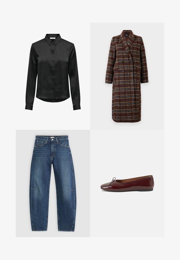 Lang, dobbeltradet brun plaidfrakke med reverskrave, sorte knapper og klaplommer, præsenteret mod en hvid baggrund.; Sort satin langærmet skjorte med knaplukning fortil, en klassisk krave og en buet kant. Har en subtil glans og tætsiddende ærmer.; Mørkeblå denim jeans med lige ben-design, der har forkæbbes lommer, kontrastsyninger og en subtil falmet tekstur på benene.; Bordeaux patentlæder balletflad med rund tå, lille sløjfeaccent foran og en lav, sort gummisål. Glat tekstur.