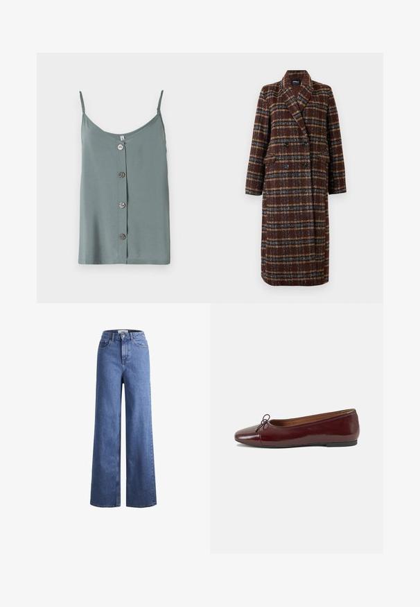 Pikk topeltkinnitatud pruuni ruudulise mustriga mantel, millel on krae, mustad nupud ja klapptaskud, esitatud valge tausta ees.; Varrukateta, helesinine top, millel on ümar kaelus ja ees nööbiga sulgemine, kus on viis siledat, ümarat nööpi. Pehme kangas ja mugav lõige.; Heled sinise denimist laiad jalad, kõrgema talje ja kahe eesmise taskuga, nähtavate õmblustega. Omab nuppu ja luku sulgemist.; Burgundi patendnahk kingad balletitüüpi, ümmarguse ninaosa, ees väike paelaaktsent ja madal must kummist tald. Sile tekstuur.