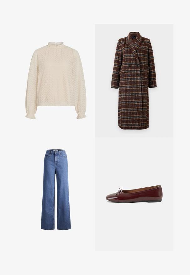 Gara divrindas brūna raibā mētelis ar atloku apkakli, melniem pogām un kabatām ar vāciņu, izstādīta pret baltu fona.; Krēmkrāsas blūze ar augstu kaklu, teksturētu zigzaga rakstu un bumbuļa piedurknēm ar savelkamiem манжетiem.; Gai zili džinsi ar platu kāju un augstu jostu, divas priekšējās kabatas un redzamu šuvju. Iekļauj pogas un rāvējslēdzēja aizdari.; Burgundijas laku ādas baleta kurpes ar noapaļotu purngalu, nelielu loku akcentu priekšā un zemu melnu gumijas zoli. Gluda tekstūra.