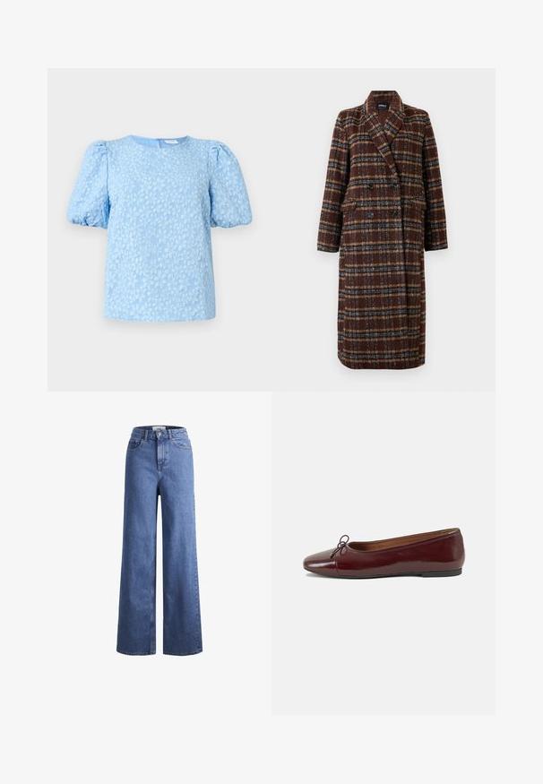 Long double-breasted brown plaid coat with lapel collar, black buttons, and flap pockets, displayed against a white background.; Light blue short-sleeve blouse featuring a textured floral embroidery pattern, round neckline, and voluminous puff sleeves. Back zipper closure.; Light blue denim wide-leg jeans with a high waist, two front pockets, and visible stitching. Features a button and zipper closure.; Burgundy patent leather ballet flat with a rounded toe, small bow accent at the front, and a low, black rubber sole. Smooth texture.