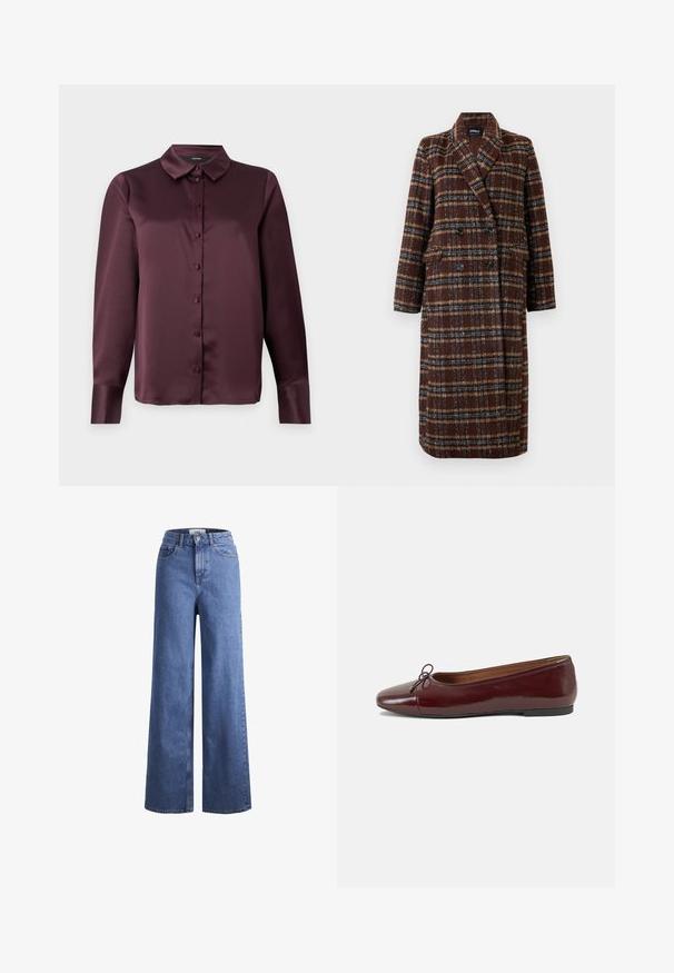 Cappotto lungo doppiopetto a quadri marrone con colletto a bavero, bottoni neri e tasche a soffietto, esposto su uno sfondo bianco.; Blusa button-up in satin bordeaux con colletto classico, maniche lunghe e una texture liscia. Presenta una patta frontale con bottoni in tono.; Jeans ampia in denim azzurro chiaro con vita alta, due tasche anteriori e cuciture in vista. Presentano una chiusura con bottone e zip.; Ballerine in pelle verniciata bordeaux con punta arrotondata, piccolo fiocco decorativo sulla parte anteriore e suola bassa in gomma nera. Texture liscia.