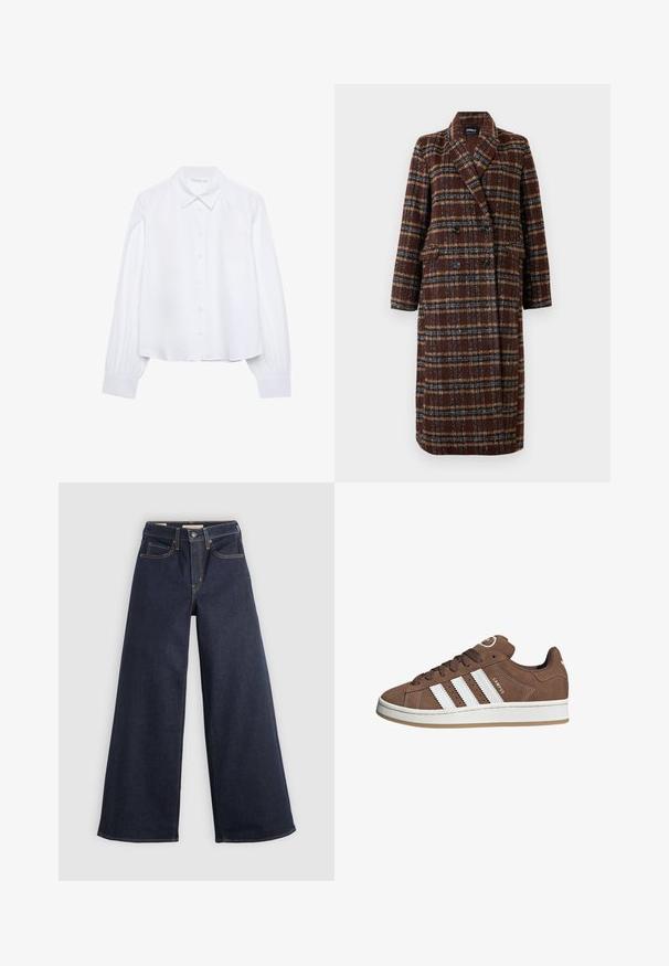 Manteau long en plaid marron à double boutonnage avec col à revers, boutons noirs et poches à rabat, présenté sur un fond blanc.; Chemise blanche à manches longues à col pointu et poignets froncés, présentée sur un fond blanc uni.; Jean en denim à jambe large, bleu foncé, avec des surpiqûres contrastées. Présente un design traditionnel à cinq poches et une fermeture à bouton à la taille.; Baskets en daim marron avec des bandes en cuir blanc, semelle en caoutchouc, bout arrondi et lacets. Comprend un logo sur la languette et des accents perforés.