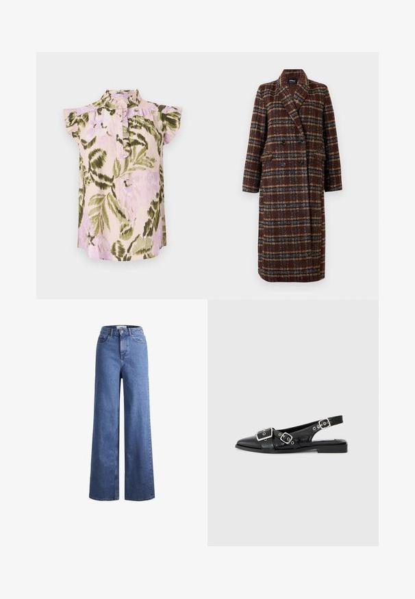 Hosszú, dupla soros barna kockás kabát, kapucnis gallérral, fekete gombokkal és hajtókás zsebekkel, fehér háttér előtt bemutatva.; Virágmintás blúz magas gallérral, rövid fodros ujjakkal és gombos záródással. A színek között szerepel a világos rózsaszín, zöld és levendula.; Világoskék, széles szárú farmernadrág magas derékkal, két elülső zsebbel és látható varrással. Gombos és cipzáros záródás.; Fekete bőr slingback cipő, hegyes orral, két ezüst csattal és alacsony blokk sarkú. Texturált felsőrésszel és nyitott háttal rendelkezik.