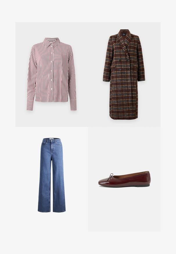 Gara divrindas brūna raibā mētelis ar atloku apkakli, melniem pogām un kabatām ar vāciņu, izstādīta pret baltu fona.; Sarkans un balts svītrots garām piedurknēm ar apkakli, pogām priekšpusē un kontrastējošām svītrojumiem pie aprocēm. Gluda, austs audums.; Gai zili džinsi ar platu kāju un augstu jostu, divas priekšējās kabatas un redzamu šuvju. Iekļauj pogas un rāvējslēdzēja aizdari.; Burgundijas laku ādas baleta kurpes ar noapaļotu purngalu, nelielu loku akcentu priekšā un zemu melnu gumijas zoli. Gluda tekstūra.