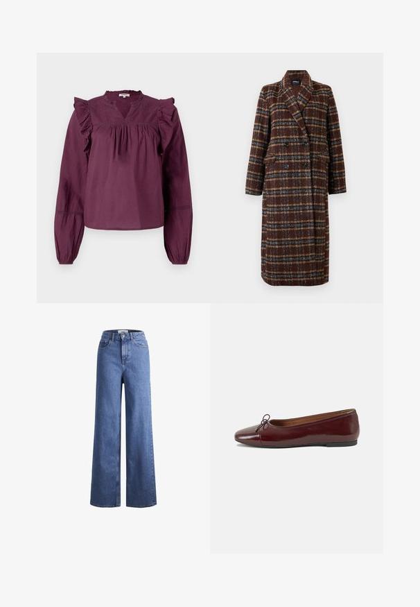 Abrigo de cuadro marrón de doble botonadura largo con cuello de solapa, botones negros y bolsillos con solapa, exhibido contra un fondo blanco.; Top de manga larga color ciruela con detalles de volantes en los hombros y un escote en V, con puños elastizados para un ajuste cómodo.; Jeans de mezclilla de tiro alto, de pierna ancha, en azul claro, con dos bolsillos delanteros y costuras visibles. Cuentan con un cierre de botón y cremallera.; Bailarina de charol burdeos con punta redonda, pequeño lazo en la parte frontal y una suela baja de goma negra. Textura suave.